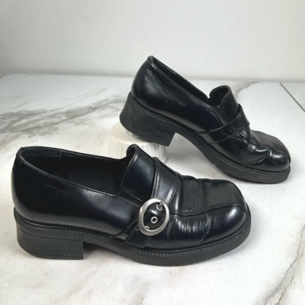 Made in Italy Y2K Black Leather Square Toe Chunky Heel Slip On Loafers, Sz 2.5-3